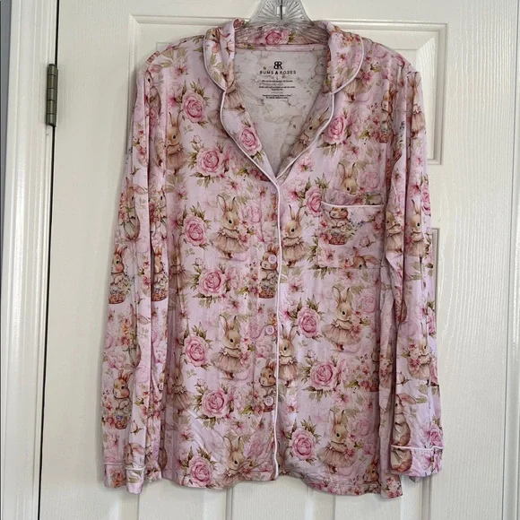 Bums & Roses NATURAL BAMBOO Collar Shirt & Shorts Set hunny bunny pajamas large - Picture 4 of 13